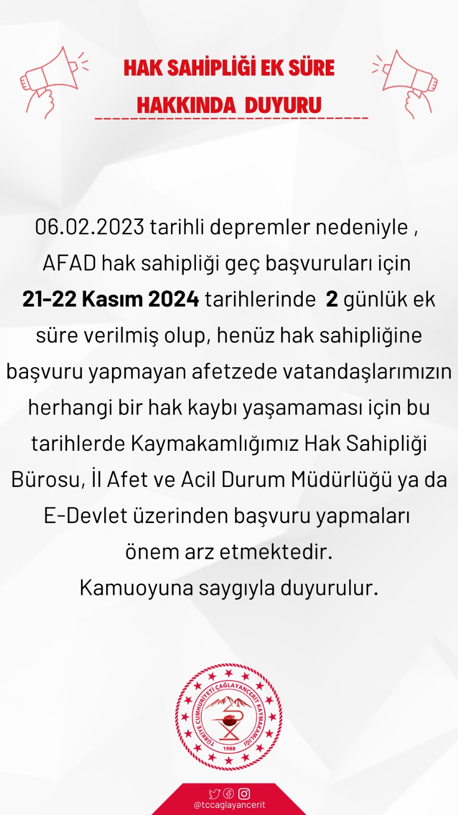 AFAD Hak Sahipliği Hakkında Ek Süre Duyurusu